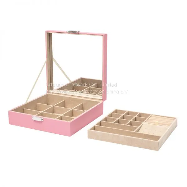 Square Large Capacity Fresh and Simple PU Flannel Jewelry Box Double-layer Portable High-end Princess Jewelry Storage Box photo-2