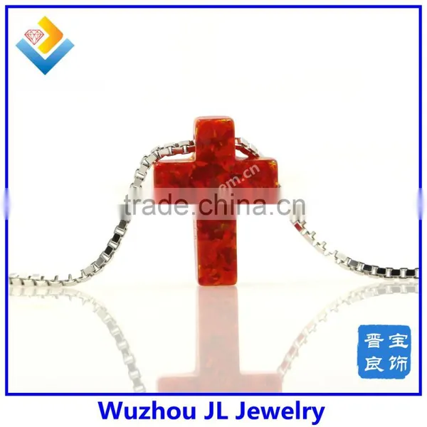 High Quality 925 Sterling Silver Synthetic Red Color Cross Opal Gemstone Necklace Jewelry photo-2