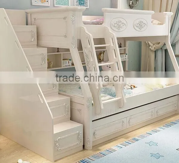 European Classic Rococo Style Pure White Wood Stairway Bunk Bed With Drawers BF11-09183a photo-5