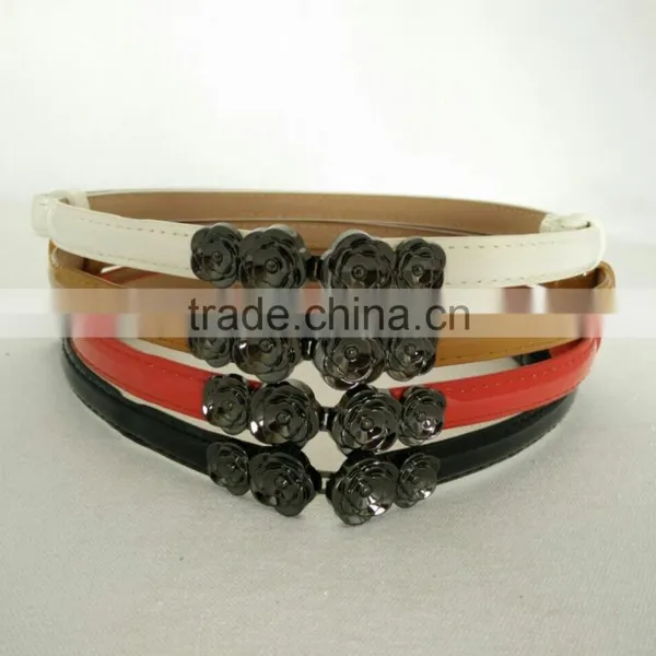 Wholesale Adjustable Flower Pattern Buckle Sex Women Lady Thin PU Waist Belt photo-2