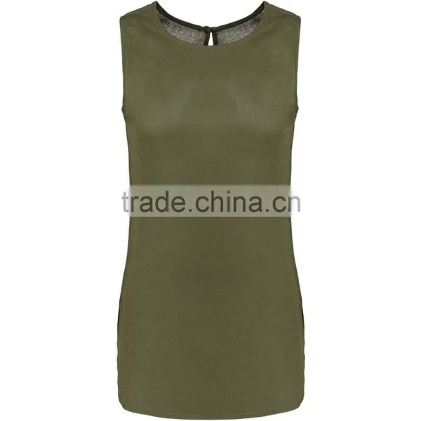 2016 Summer Plain Khaki Sleeveless Shell Tops For Ladies Latest Chiffon Plain Pockets Summer Tops photo-2