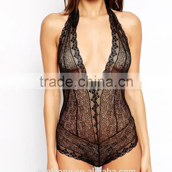 Plunge V-neck Open Back Bodysuit Women Lace Bodysuit Wholesale photo-3