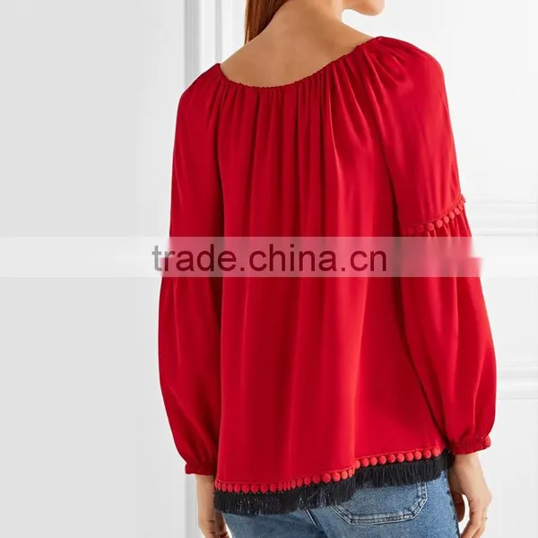 Clothes Women Cheap Ruffle Raglan Shirt Red Color photo-2