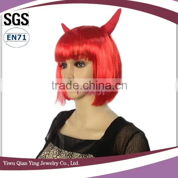 High Quality Short Red Synthetic Carnival Halloween Wig With ox Horn photo-2