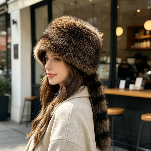 High Quality Winter Fur Hat With Raccoon Fur Tail for Men Women