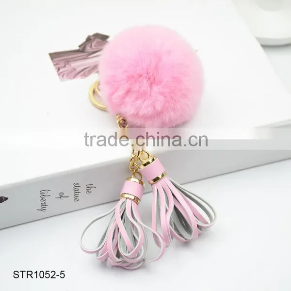 New Leather Tassel Fur Keychain Real Rabbit Fur Pom Pom Key Chain photo-5