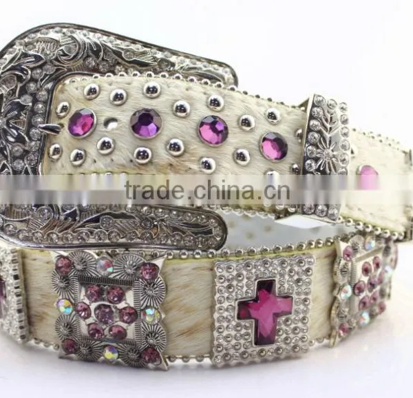 Cowgirl Purple Rhinestone Cross Crystal Studded Western Leather Hair Belts photo-2