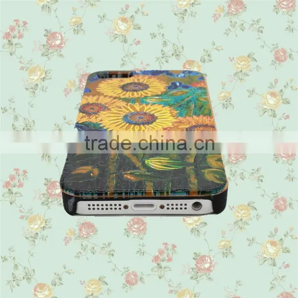 Color Painting Blossom Sun-flower PC and Wood Cell Case for IPhone 5 With Press Key photo-2