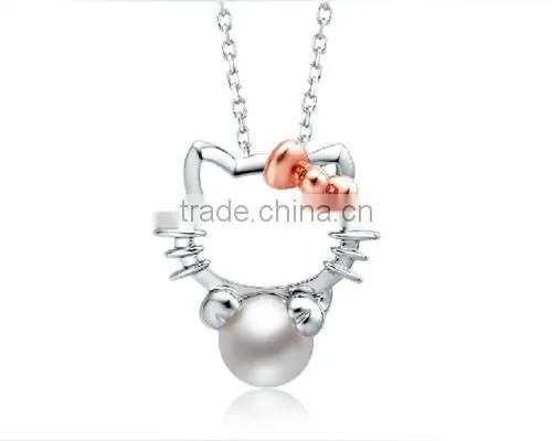 925 Sterling Silver Chain Cat Style Charm Natural Pearl Pendent Necklace photo-2