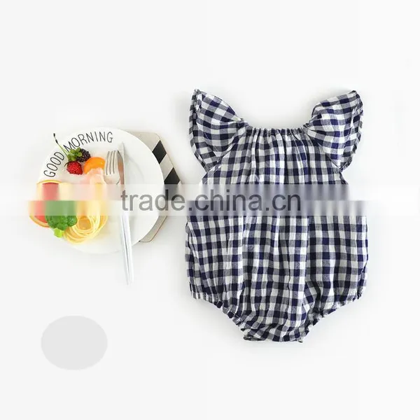 2017 Beautifuly Pure Cotton Toddler Girls Small Grid Romper With Bubble Sleeve photo-2