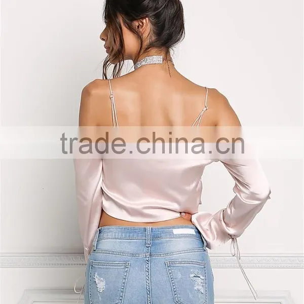 MGOO Custom Manufacturer Polyester Cropped Blouses Blush Silky Cold Shoulder Long Sleeves Satin Crop Tops photo-5