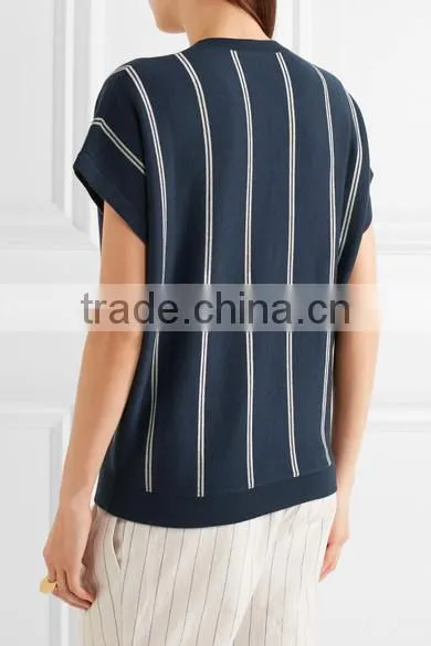 Hot Sale Navy and White Sleeveless Striped Knitted V-Neck Sweater for Women photo-3