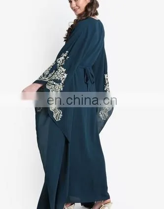 Women V-Neck Blue Abaya Muslim Dress With Embroidery photo-3