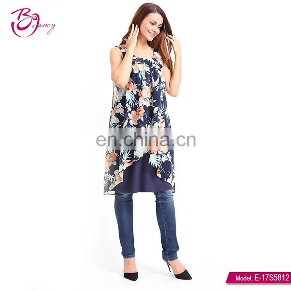 Sleeveless Flower Print Ladies Modern New Pleated Dress photo-2