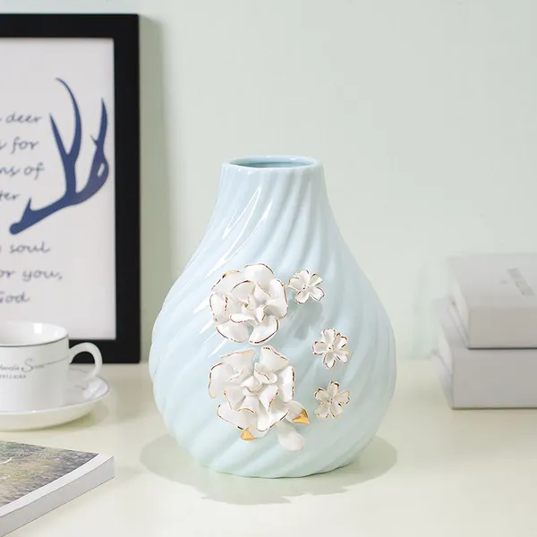 Modern Simple Fashion Elegant Hand Made Gild Blue Ceramic Vase For Living Room Decor photo-2