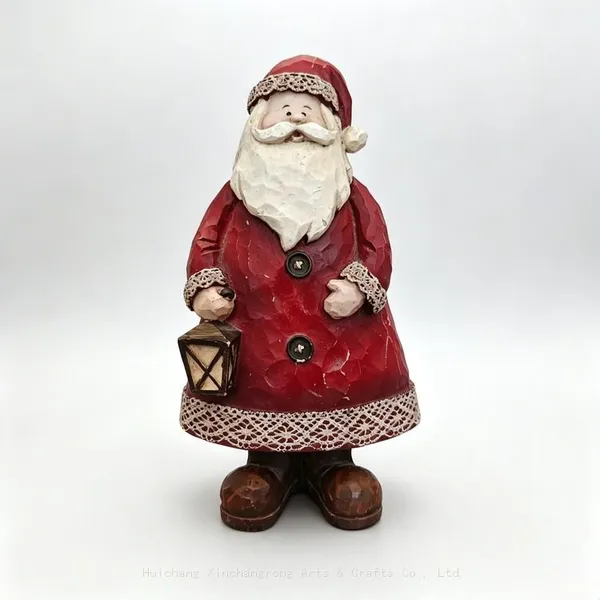 Carved Look Santa Claus Figurine Resin Christmas Decoration Hand Painted Santa Statue With Lantern Holiday Decor OEM