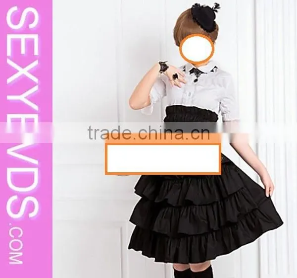 Knee-length Front Frilled Black Cotton Classic Lolita Dress
