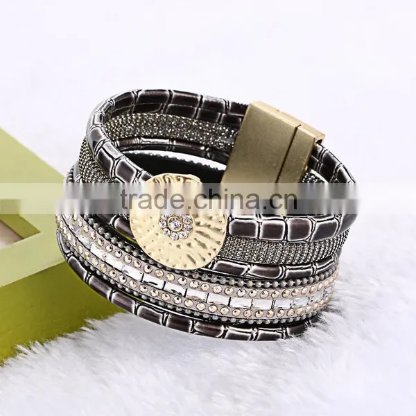 Bohemian Multilayer Rhinestone Crystal Magnetic Wide Velvet Leather Bracelet photo-3