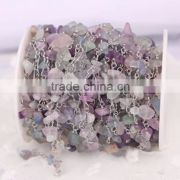 Natural Fluorite Cabochon Beaded Rosary Chains Silver Plated Clip Bead Links Wire Wrapped Chain photo-4