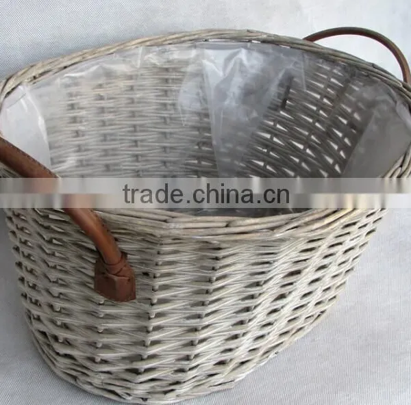 100%Handmade Plastic Lined Grey Wicker Baskets for Plants With Leather Handles photo-2