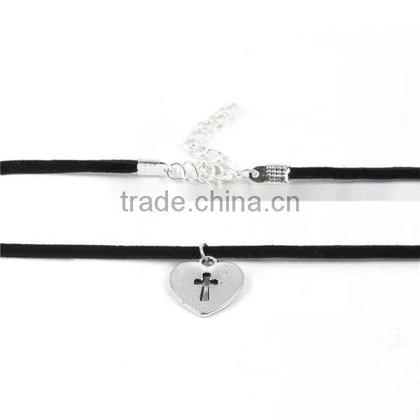Antique Silver Black Heart Cross 33.5cm Long Velvet Suede Halloween Choker Necklace photo-3