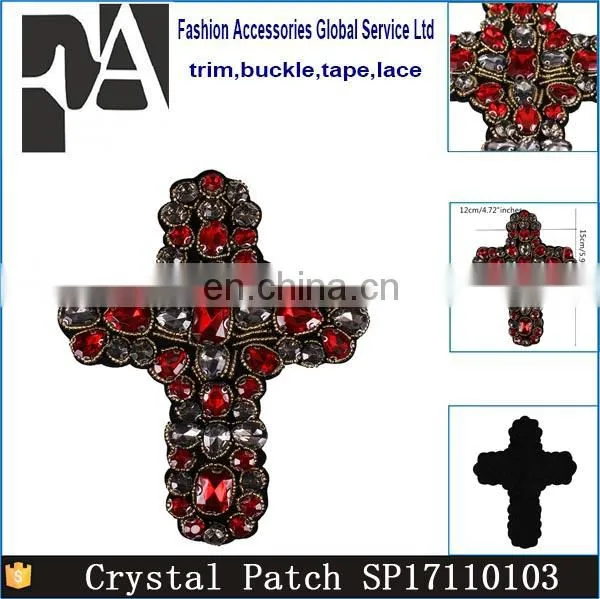 Custom Beading Rhinestones Red Gold Cross Design Sew On Patches photo-5