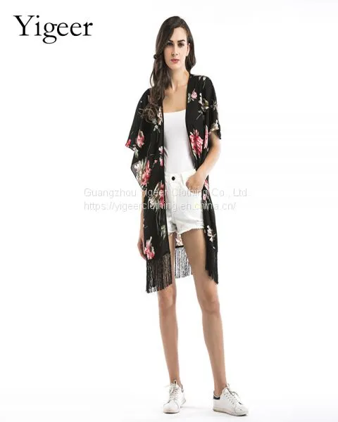Floral Printed Fringing Hem Open Casual Chiffon Dress photo-2