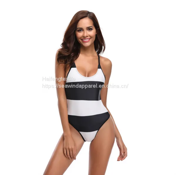 Black White Stripe Printing Summer Ladies One Piece Swimwear Women Bikini photo-3