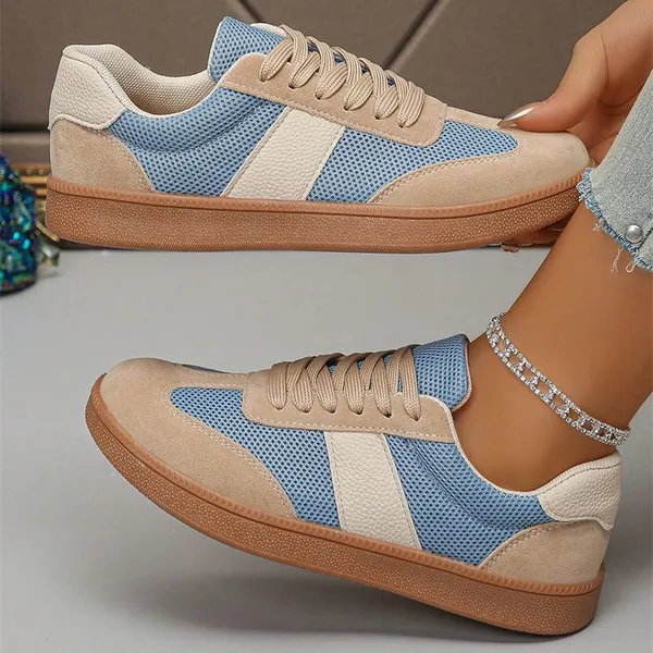 Buckskin Leopard Patchwork Lace Up Flat Sneakers White Mesh Color Block Patchwork Lace-up Sneakers Wholesale Women Running Shoes photo-4