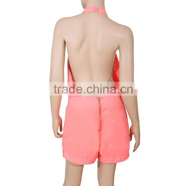Custom Made Adult Pink Elegant Slim Fit Clubwear Party Trouser Women Woven Jumpsuit photo-3