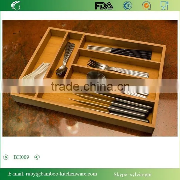 BH009/ 6-Slot Kitchen Bamboo Drawer Organizer With Flatware Cutlery Accessories or Gadgets Tray photo-2