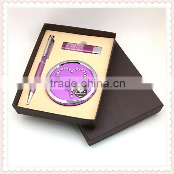 SWS0001 gift set cosmetic mirror&crystal metal ball pen&crystal U flash driver fashion promotional gift