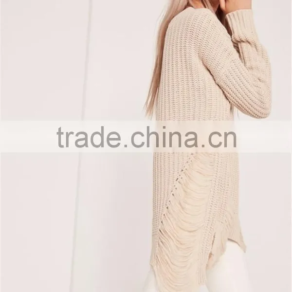 Custom Made Women Longline Oversized Knitwear Private Label Own Branding Sweater Distressed Off Shoulder Jumper Cream photo-4