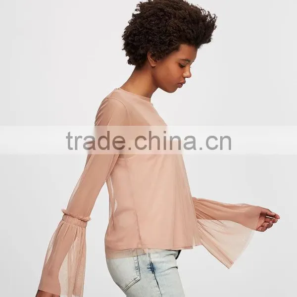 Wholesale Woman Fashion Ruffle Flounced Sleeve Soft Mesh Lady Tops photo-5