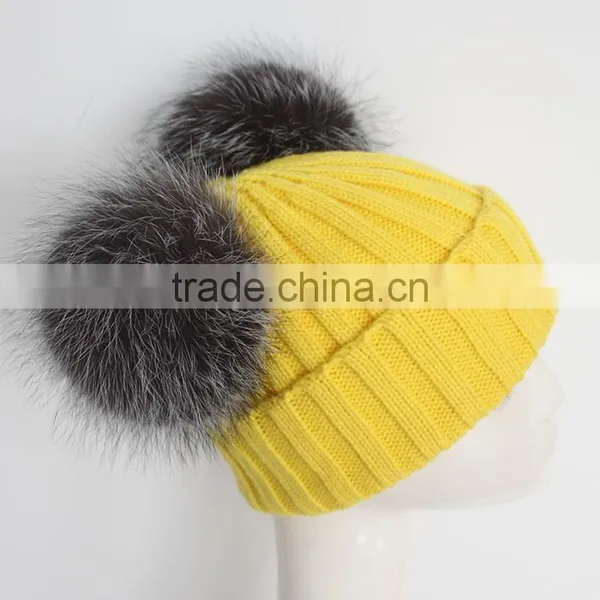 Myfur Yellow Color Wool Knitting Beanie Hat With Genuine Silver Fox Fur Pompoms photo-5