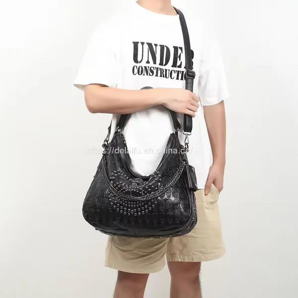 Punk Style Unisex Leather Handbag Large Capacity Portable Rivet Bag photo-5