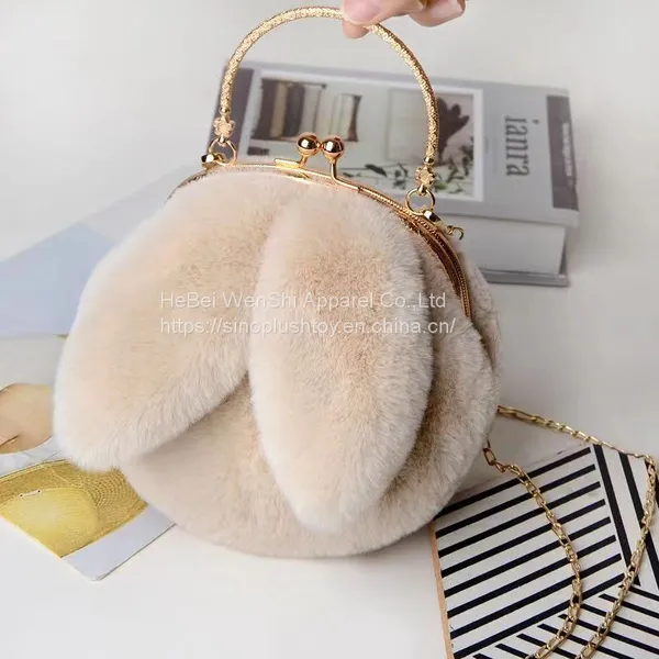 010Plush Bag Female Oblique Crossbody Korean Version Lovely Chain Women Handbag Fur Plush Shoulder Bag Rabbit Ear Clip Mouth Bag photo-5