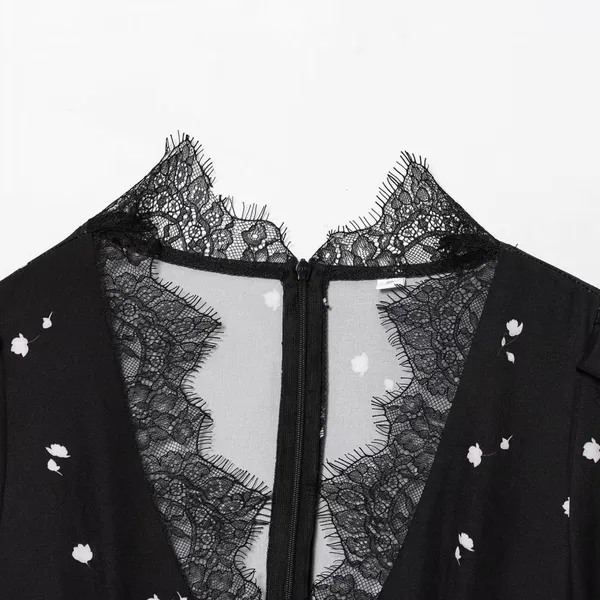 2025 New Fashionable Elegant Women's Dress With Lace Splice, V-Neck, and Puff Sleeves photo-2