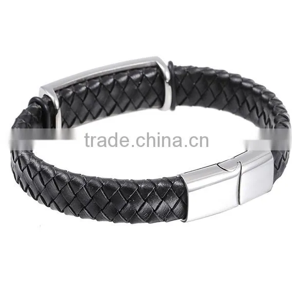 Latest Design Wide Braided Leather Bracelet Men Black Genuine Leather Bangle 316L Stainless Steel Magnetic Clasp photo-2