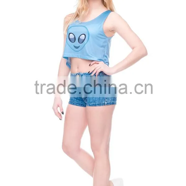 Custom Plain Women Summer Crop Top 3d Printed Emoji Alien Black photo-4