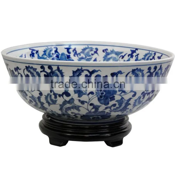 14" Floral Blue & White Porcelain Bowl