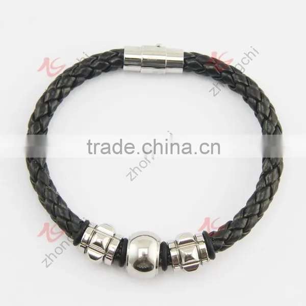 Braided PU Leather or Genuine Leather Stainless Steel Mangnet Clasp Bangle photo-2