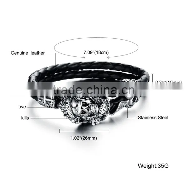 New Trending Skull Style Stainlesss Steel Genuine Leather Bracelet Men photo-6