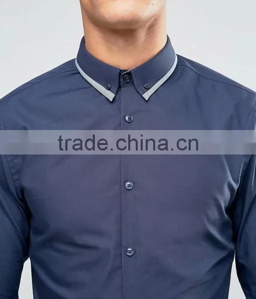 Guangzhou High Quality Custom Long Sleeve Spread Double Collar Chest Pocket Mens 65% Polyester 35% Cotton Casual Navy Shirts photo-2