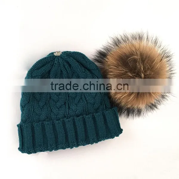 Myfur Teal Green Large Animal Raccoon Fur Bobble Crochet Hat and Cap photo-3