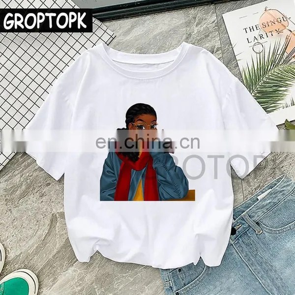 Cool Melanin Black Girl Personalized Digital Printing White Round Neck T-shirt European and American Trend photo-6