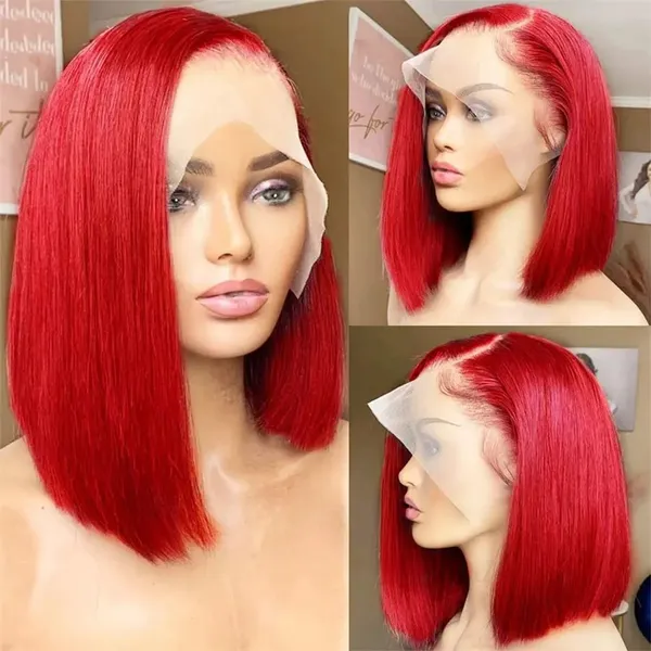 Red Short Bob Wig 13X4 Lace Front Human Hair Wigs For Women Brazilian Transparent Human Hair Wig Straight Colored Remy Hai photo-3