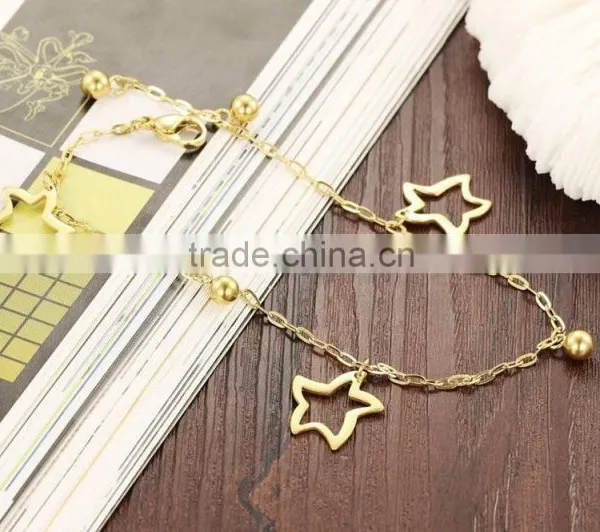 Fashion 18K Gold Plated Stainless Steel Hollow Star Solid Bead Charm Anklets photo-2