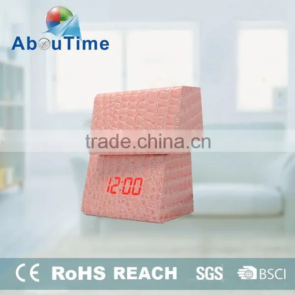 2016 New Pink PU Cube Digital LED Funny Wooden Alarm Clcok photo-2