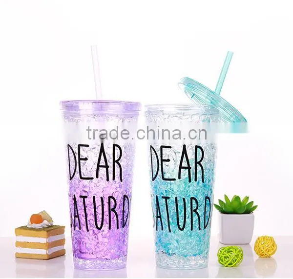 Beautiful Double Wall Plastic Drinking Mug With Straw Summer Ice Cup